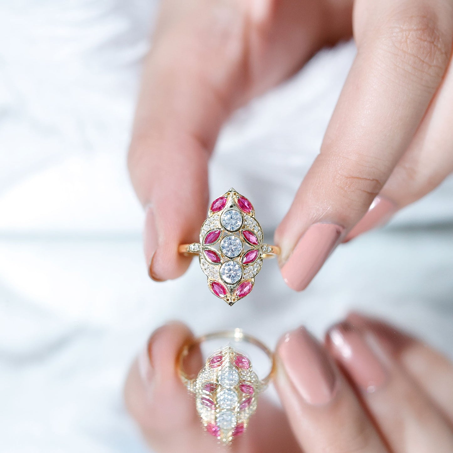 Certified Lab Grown Ruby Art Deco Statement Ring with Moissanite