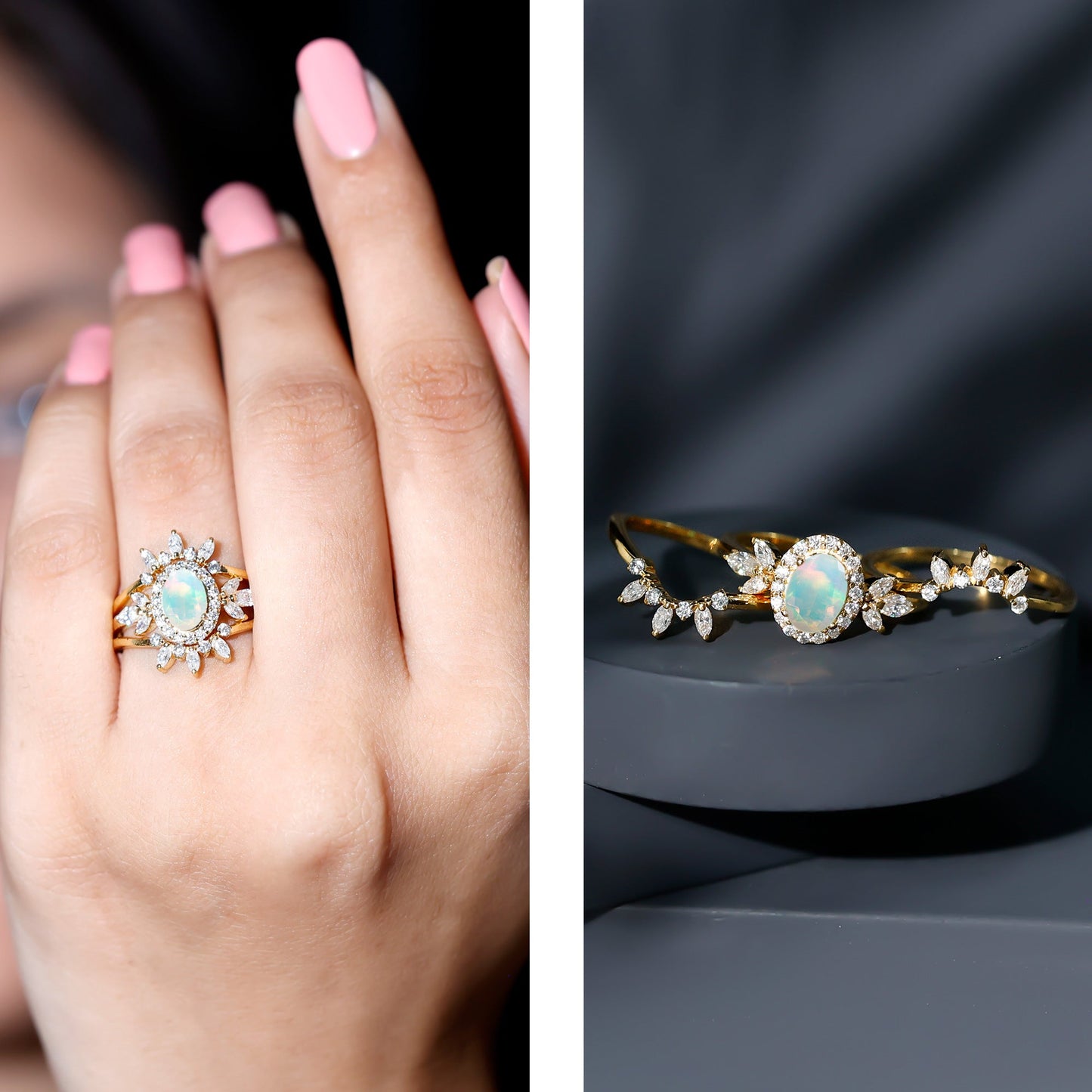 0.9 Carat Natural Certified Ethiopian Opal Engagement Ring Set of 3