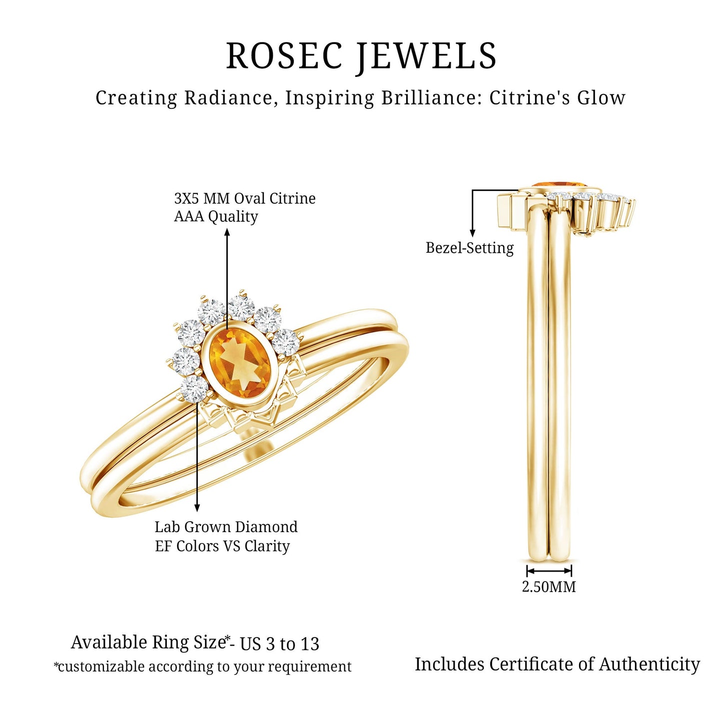Natural Oval Citrine Promise Ring Set with Diamond