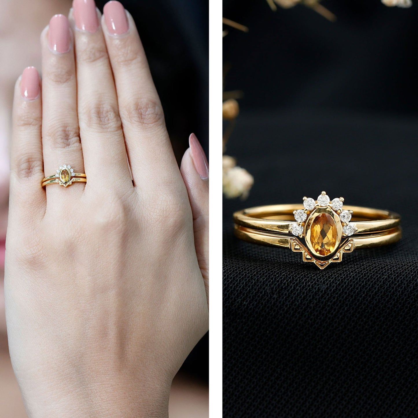 Natural Oval Citrine Promise Ring Set with Diamond