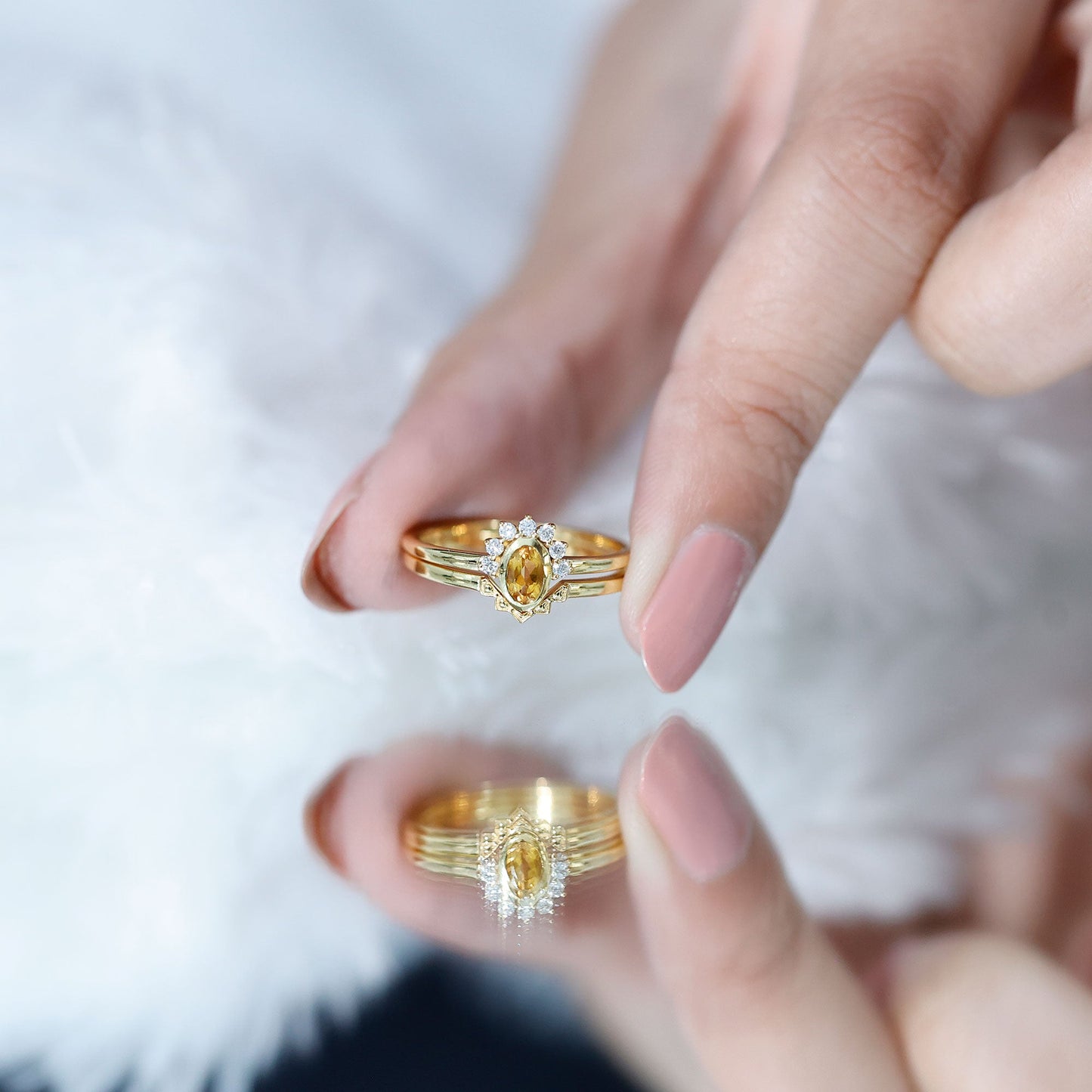 Natural Oval Citrine Promise Ring Set with Diamond