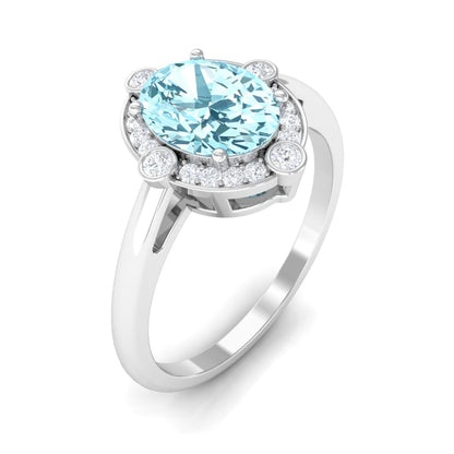 1 Carat Aquamarine Oval Halo Engagement Ring with Diamond