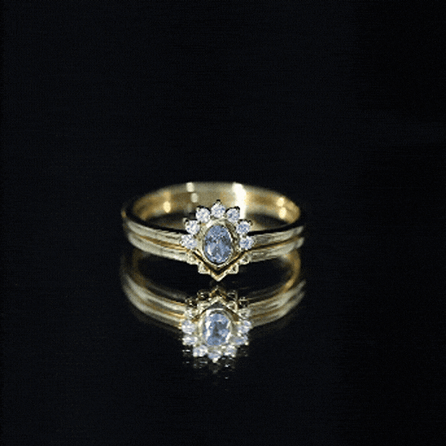 Natural Oval Cut Aquamarine Wedding Ring Set with Diamond Halo
