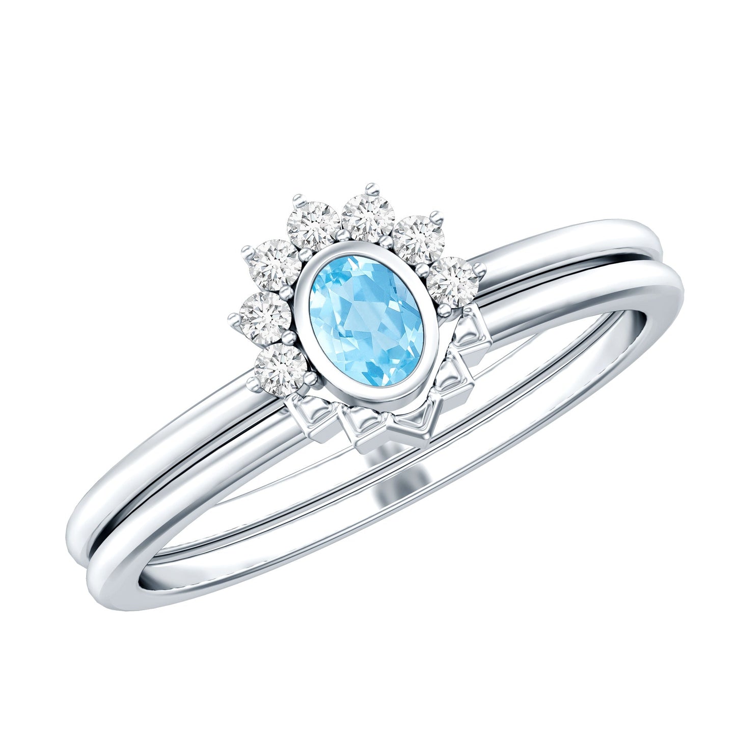 Natural Oval Cut Aquamarine Wedding Ring Set with Diamond Halo