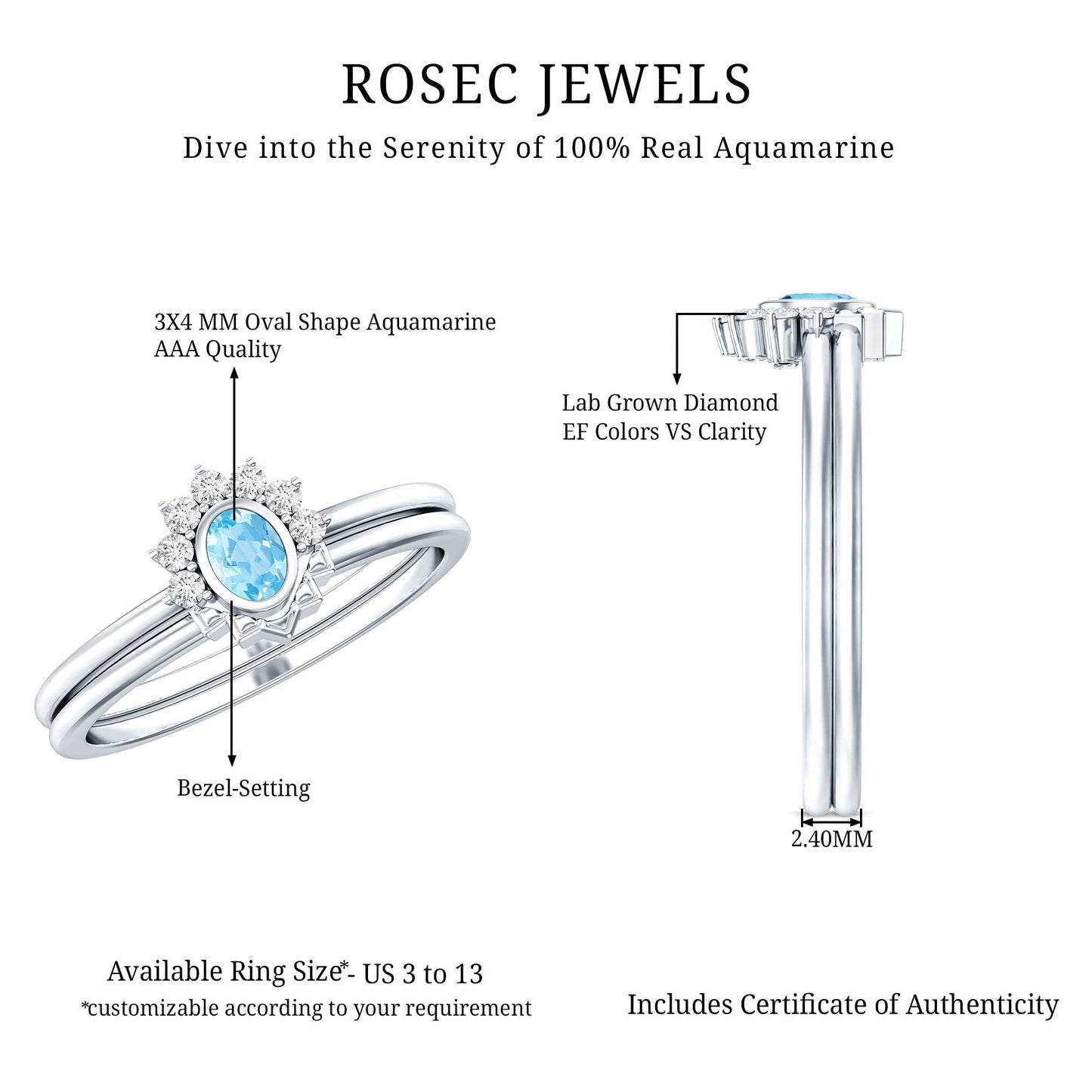Natural Oval Cut Aquamarine Wedding Ring Set with Diamond Halo
