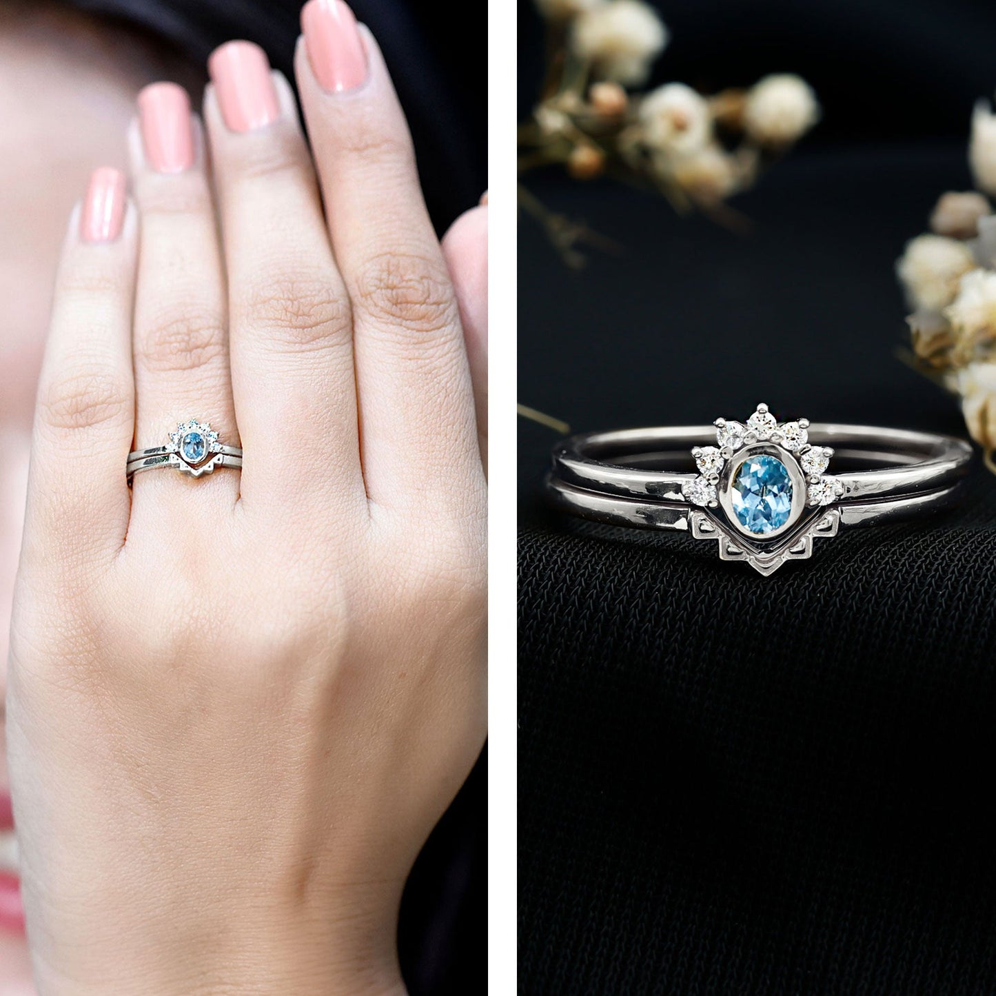 Natural Oval Cut Aquamarine Wedding Ring Set with Diamond Halo