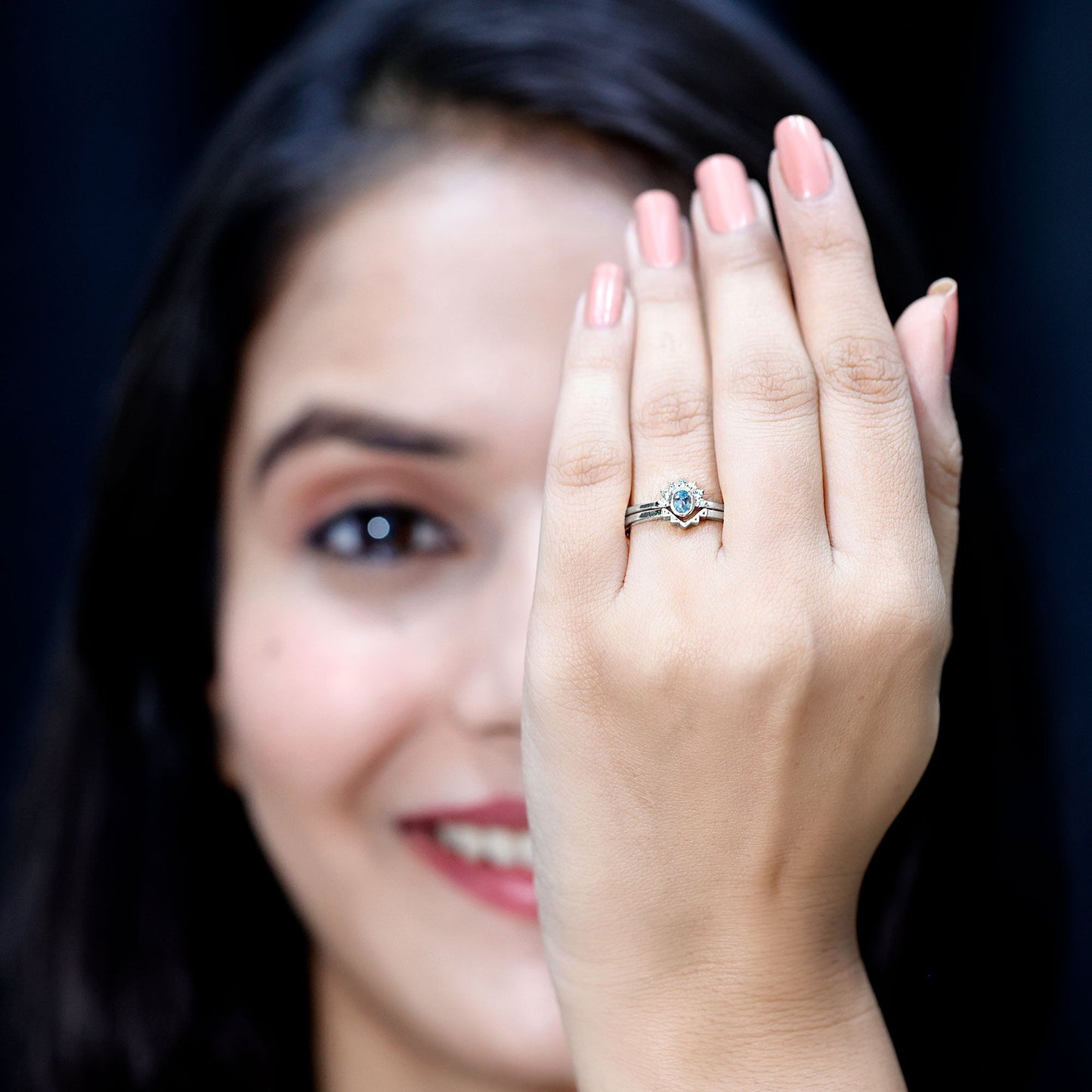 Natural Oval Cut Aquamarine Wedding Ring Set with Diamond Halo
