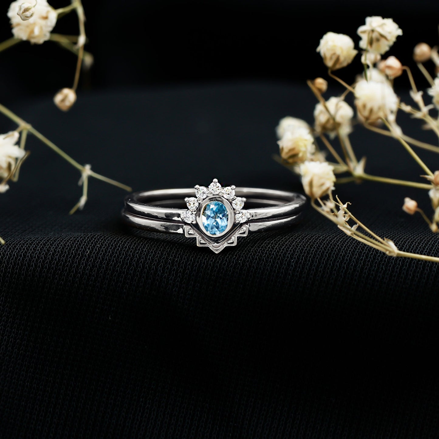 Natural Oval Cut Aquamarine Wedding Ring Set with Diamond Halo