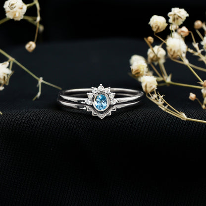 Natural Oval Cut Aquamarine Wedding Ring Set with Diamond Halo