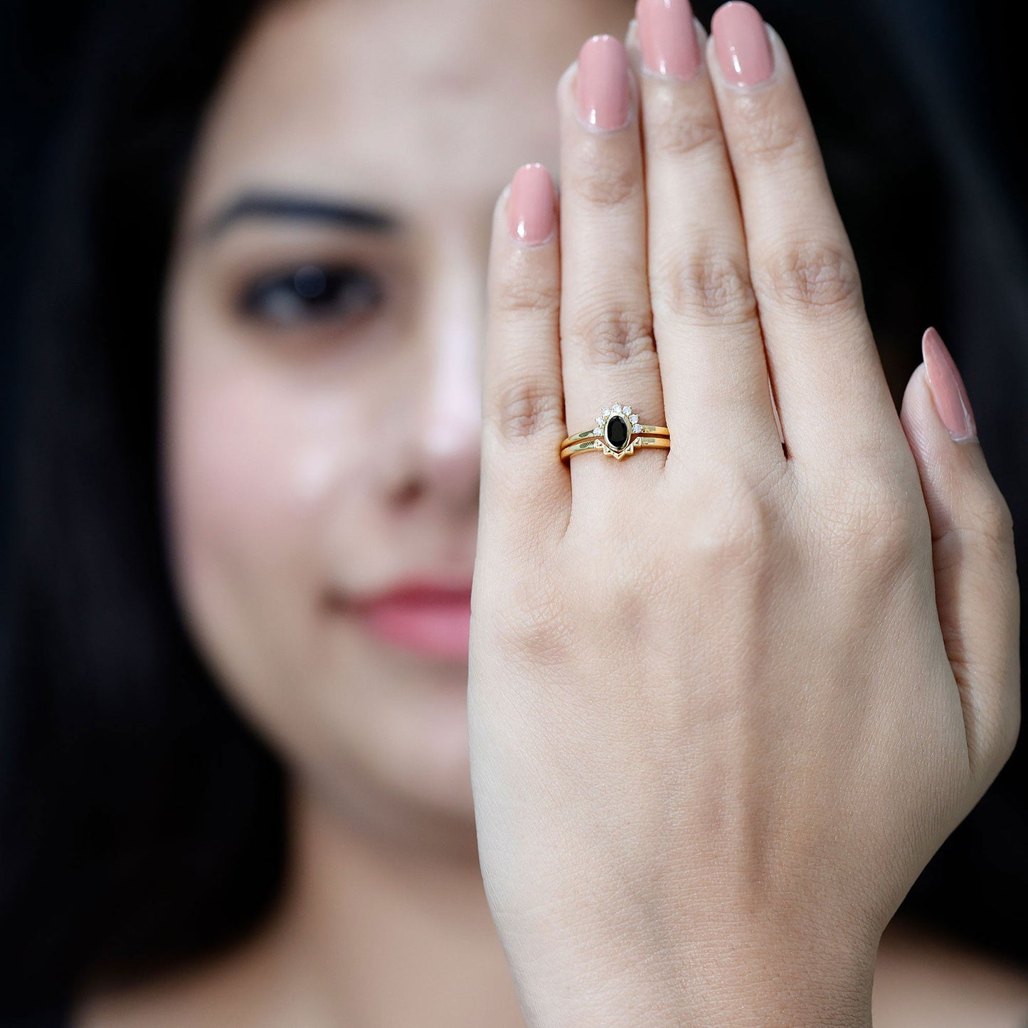 Genuine Black Onyx and Diamond Promise Ring Set in Yellow Gold Plated Silver