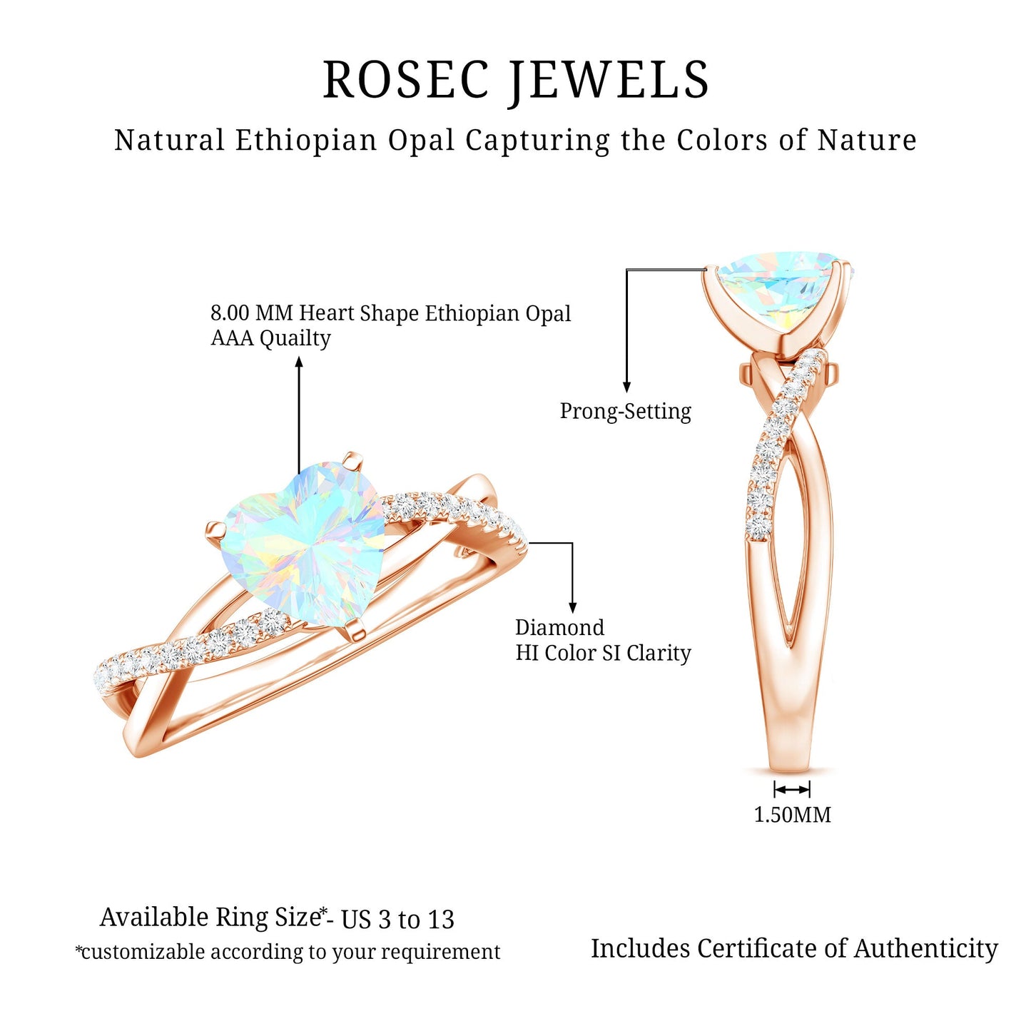 Natural 2 Carat Ethiopian Opal Heart Shaped Engagement Ring With Certificate