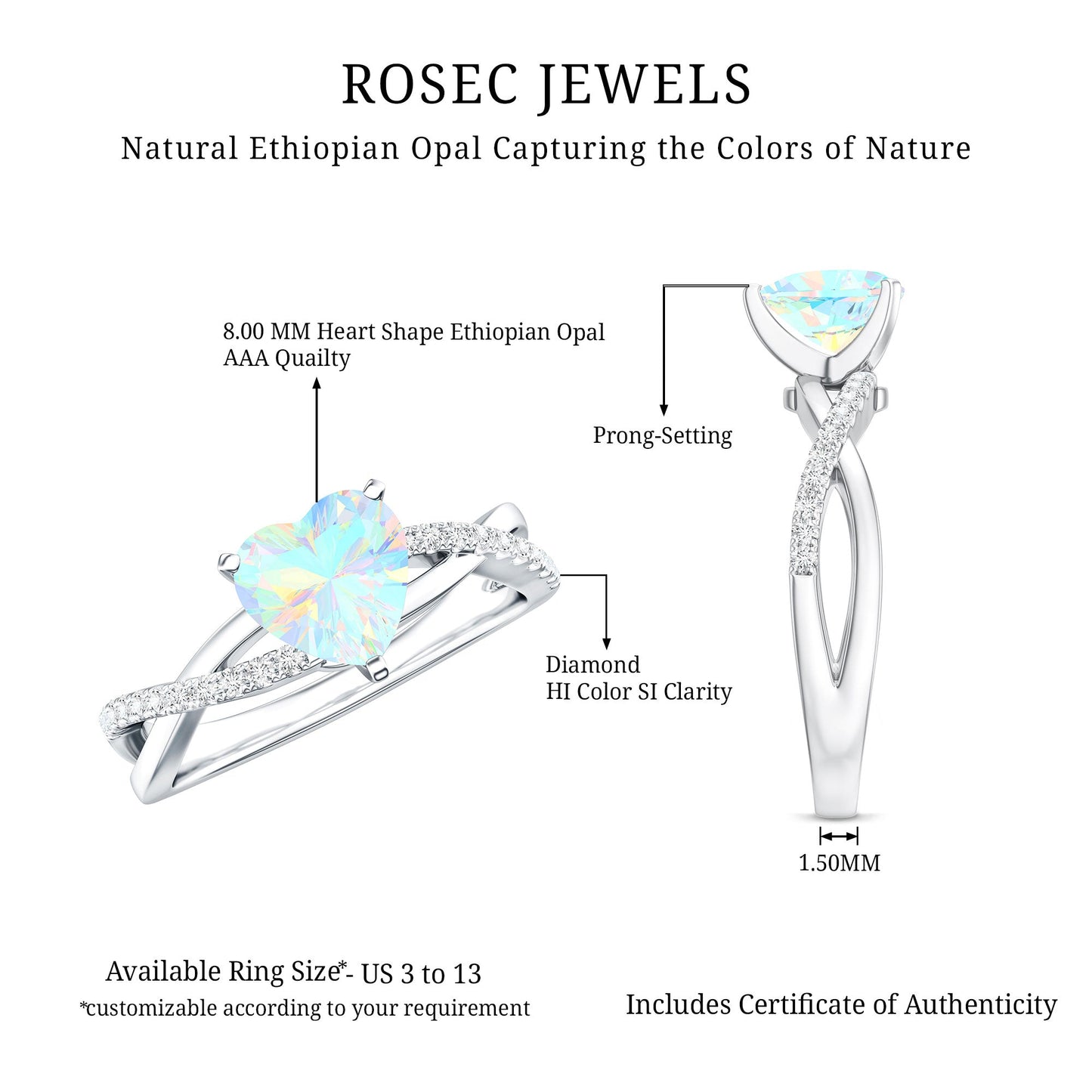 Natural 2 Carat Ethiopian Opal Heart Shaped Engagement Ring With Certificate