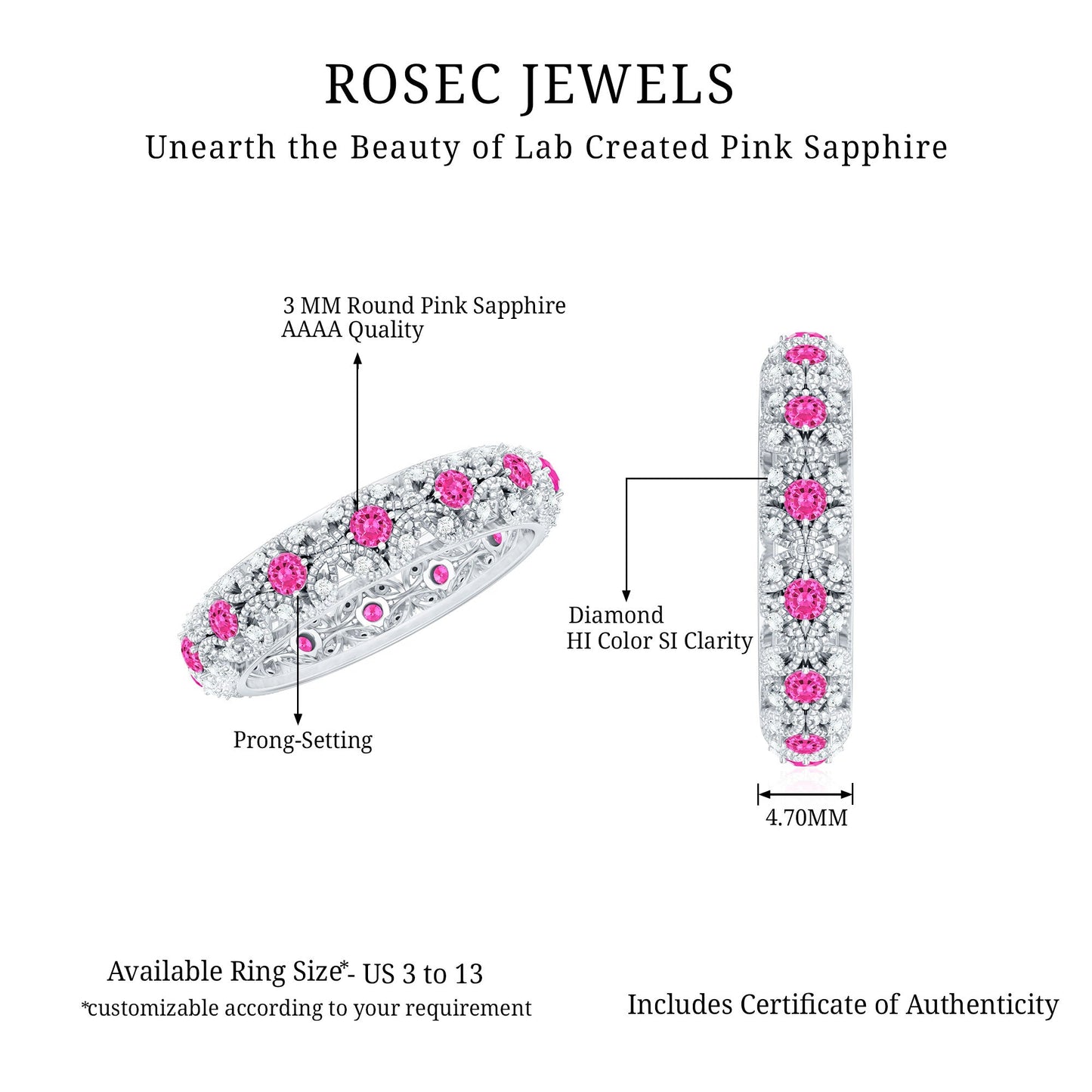 Vintage Inspired Lab Grown Pink Sapphire and Diamond Wedding Band