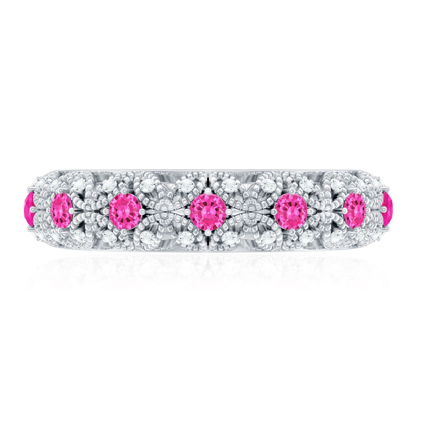 Vintage Inspired Lab Grown Pink Sapphire and Diamond Wedding Band