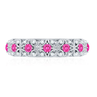 Vintage Inspired Lab Grown Pink Sapphire and Diamond Wedding Band