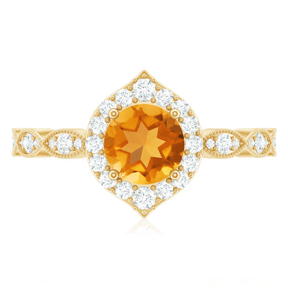 Citrine Vintage Inspired Engagement Ring With Diamond Halo