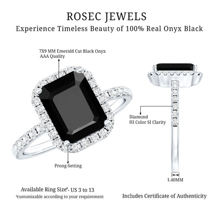 Emerald Cut 1.8 Carat Black Onyx and Diamond Engagement Ring