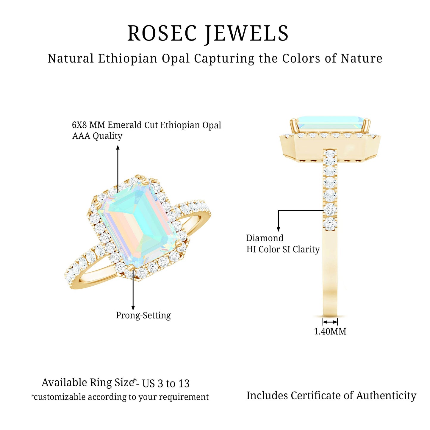 Genuine 2 Carat Ethiopian Opal Emerald Cut Engagement Ring with Diamond Halo