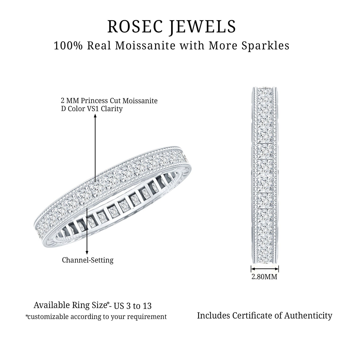 Channel Set Princess Cut Moissanite Eternity Band Ring