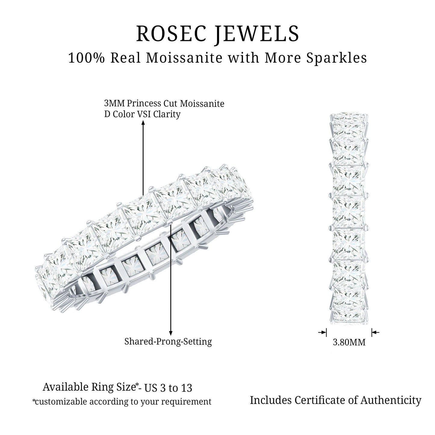 Princess Cut Moissanite Full Eternity Ring with Certificate