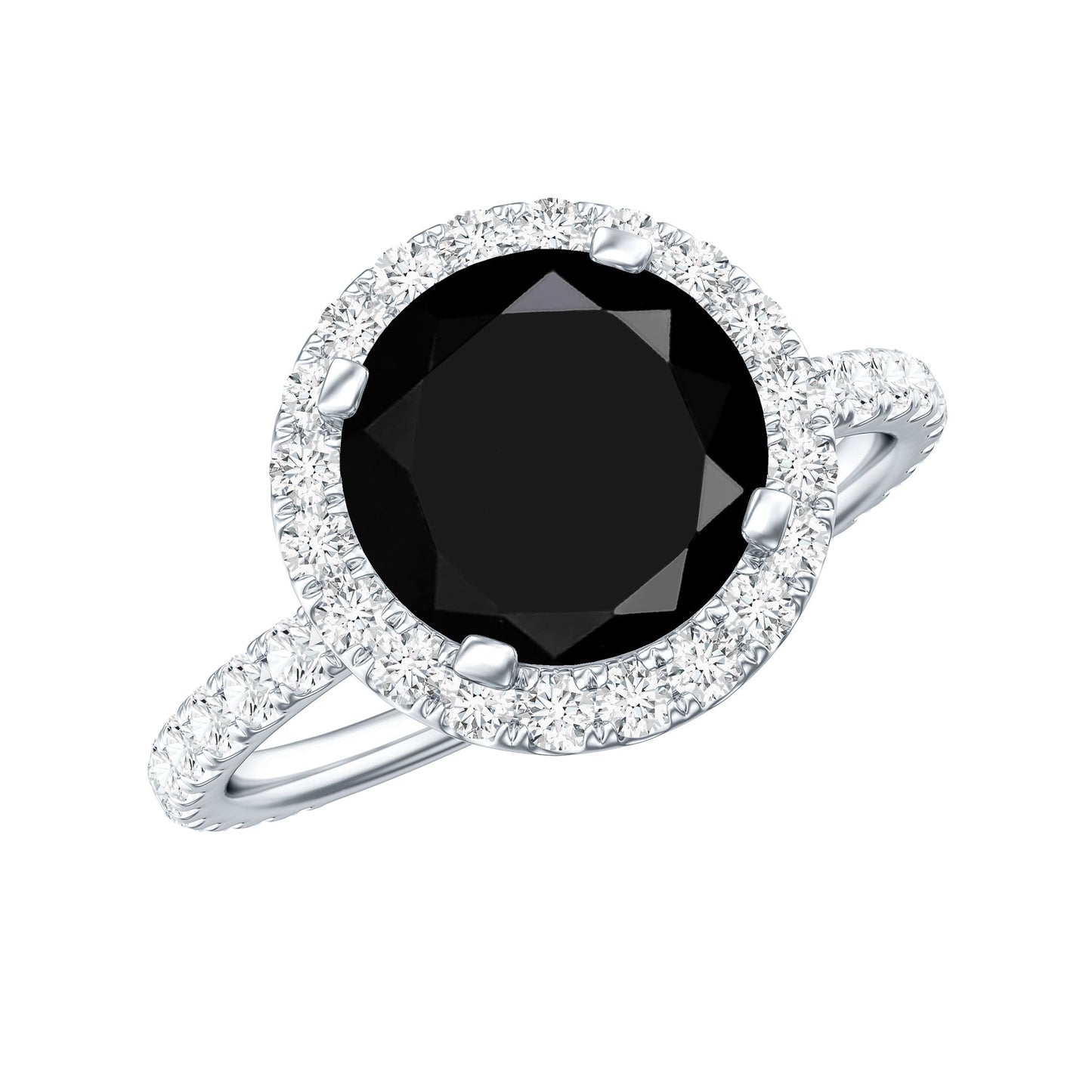2 Carat Round Shape Black Onyx Engagement Ring with Diamond Halo