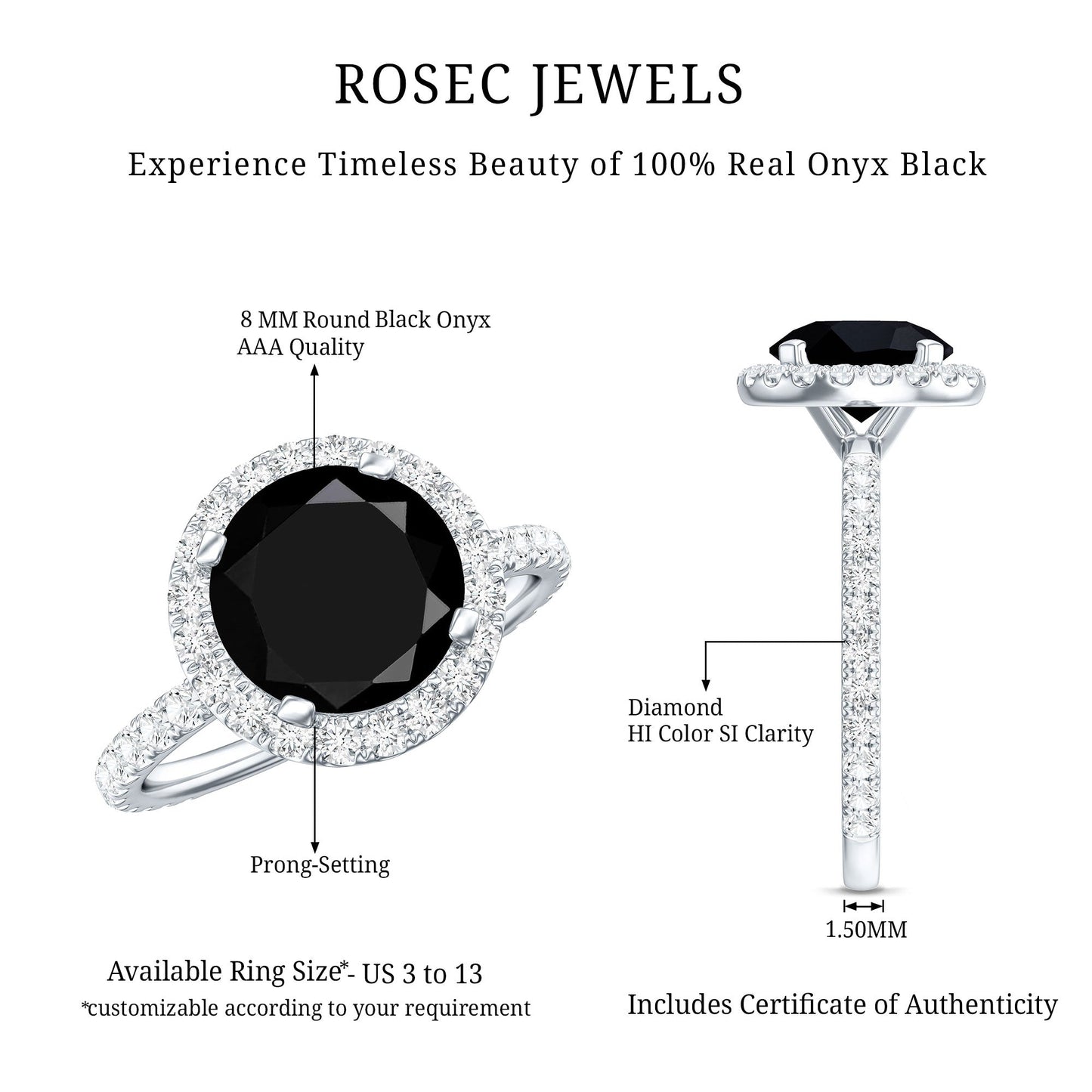 2 Carat Round Shape Black Onyx Engagement Ring with Diamond Halo