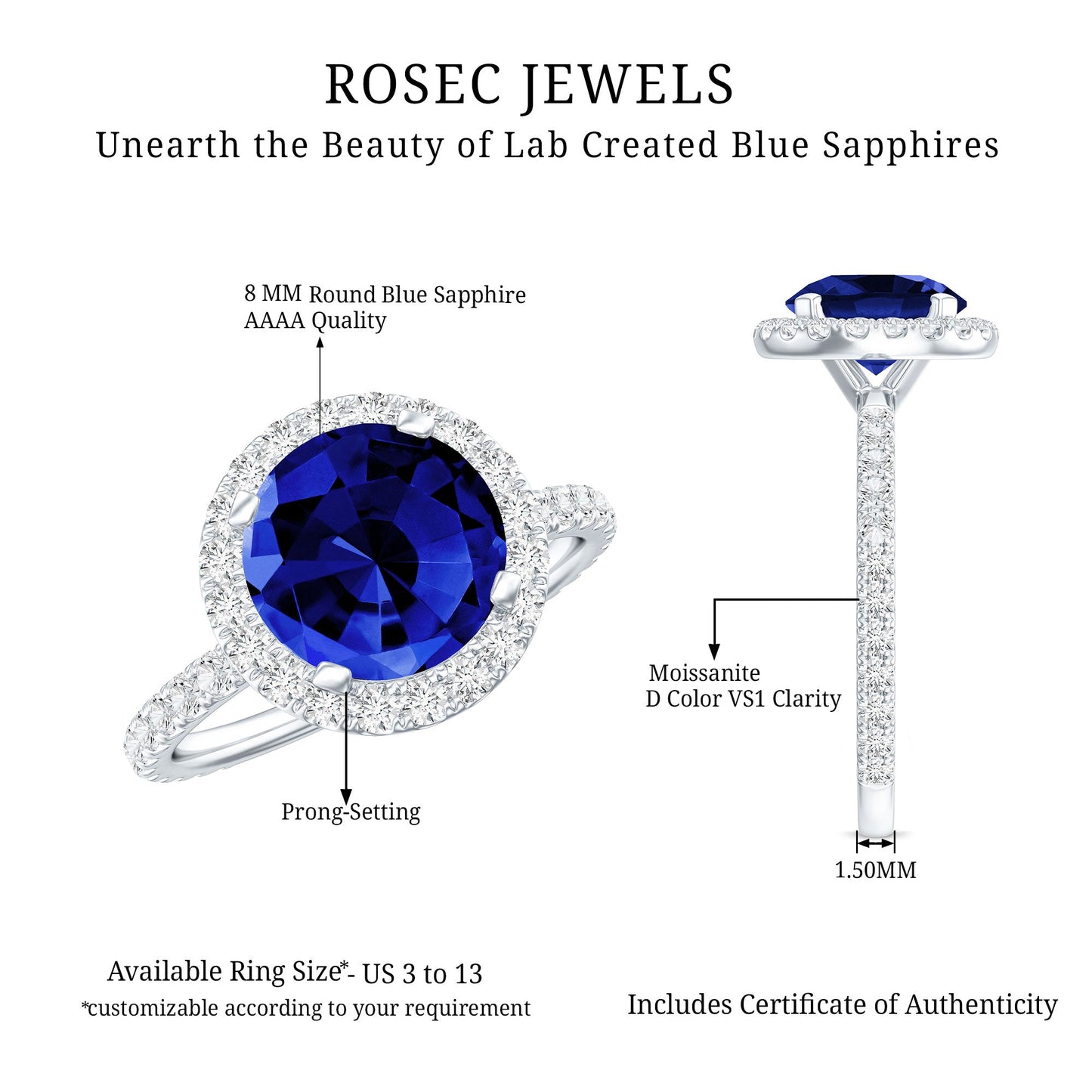 Certified 2.7 Carat Lab Grown Blue Sapphire Halo Engagement Ring with Moissanite