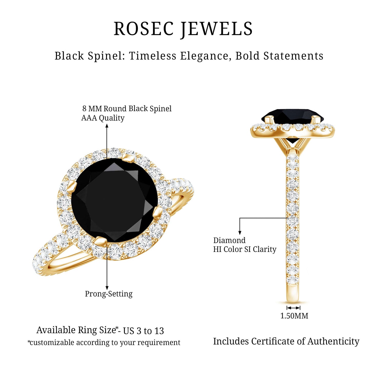 Natural Black Spinel Engagement Ring with Diamond Halo