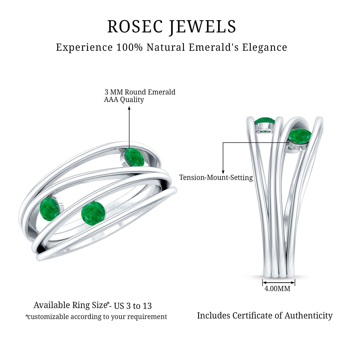Contemporary Emerald Three Stone Ring in Split Shank