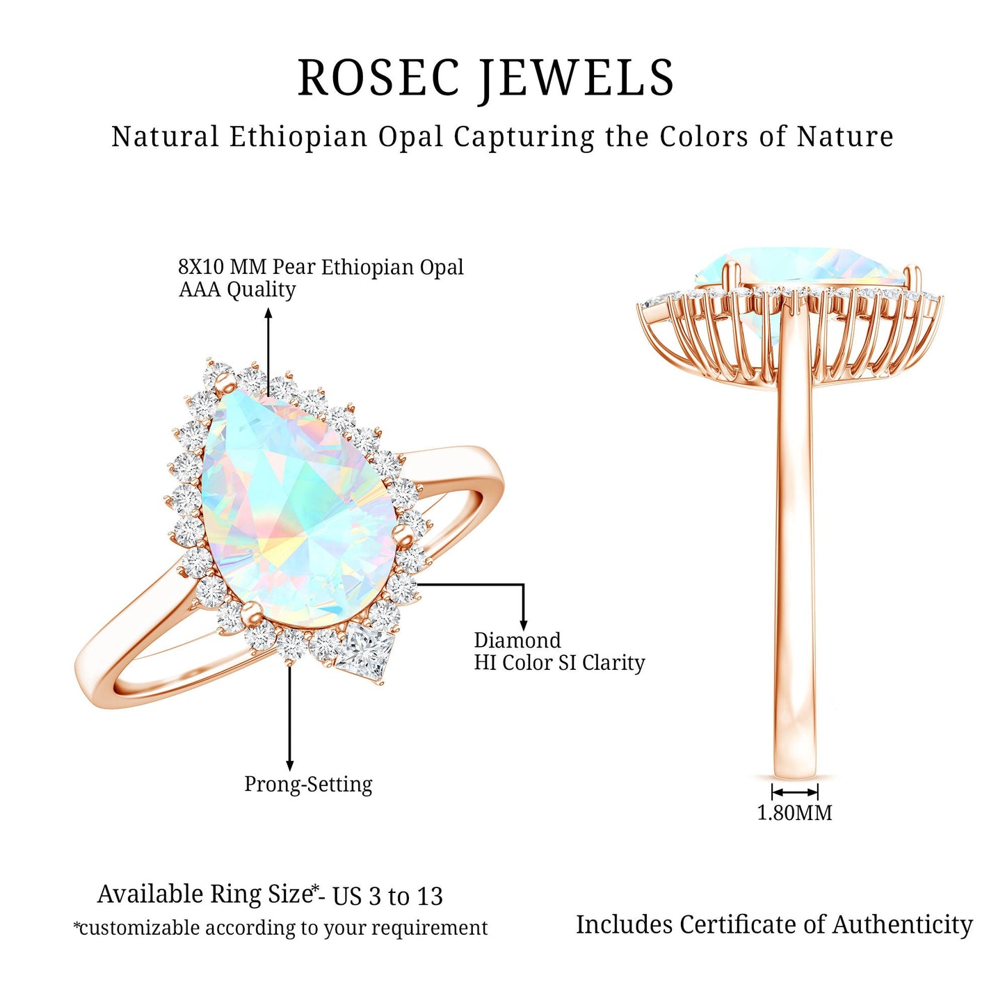 Certified Real 2 Carat Ethiopian Rainbow Opal Teardrop Engagement Ring with Diamond Halo