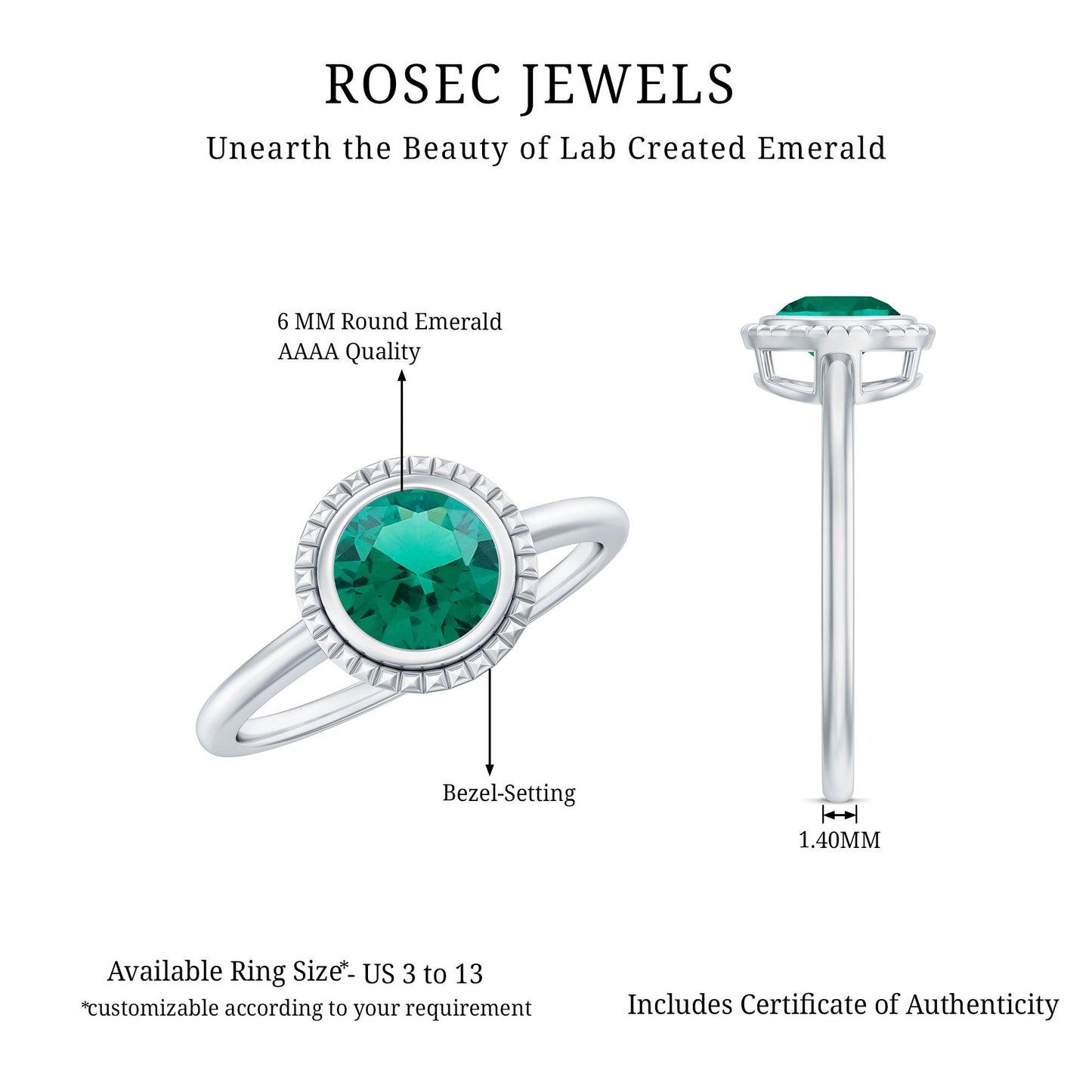 Certified 0.8 Carat Lab Grown Emerald Solitaire Engagement Ring in Bezel Setting