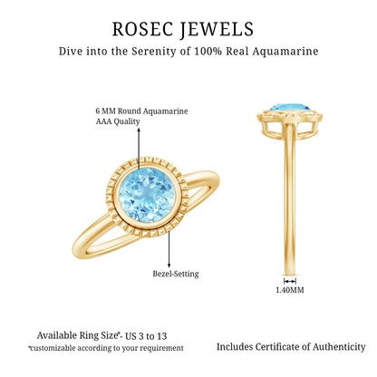0.8 Carat Bezel Set Round Aquamarine Solitaire Promise Ring