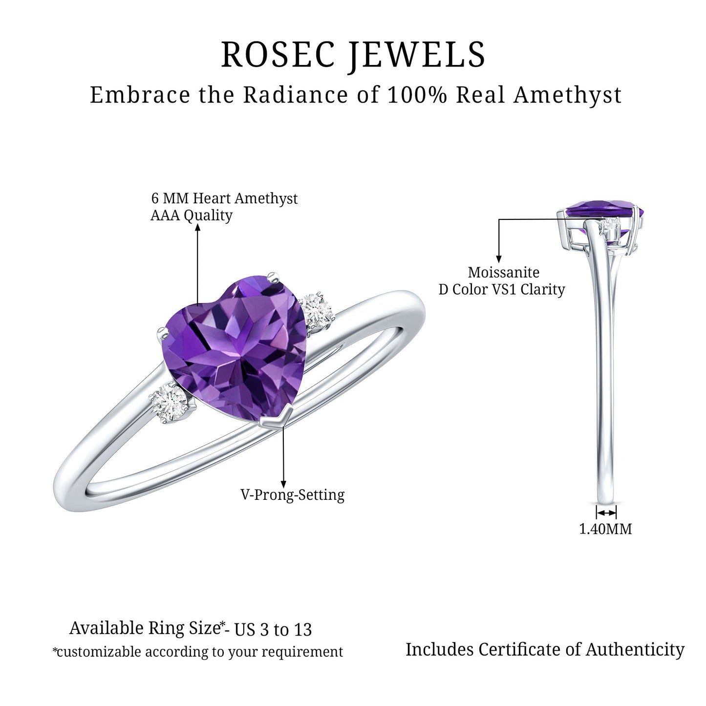 Natural 0.9 Carat Amethyst Heart Engagement Ring with Moissanite