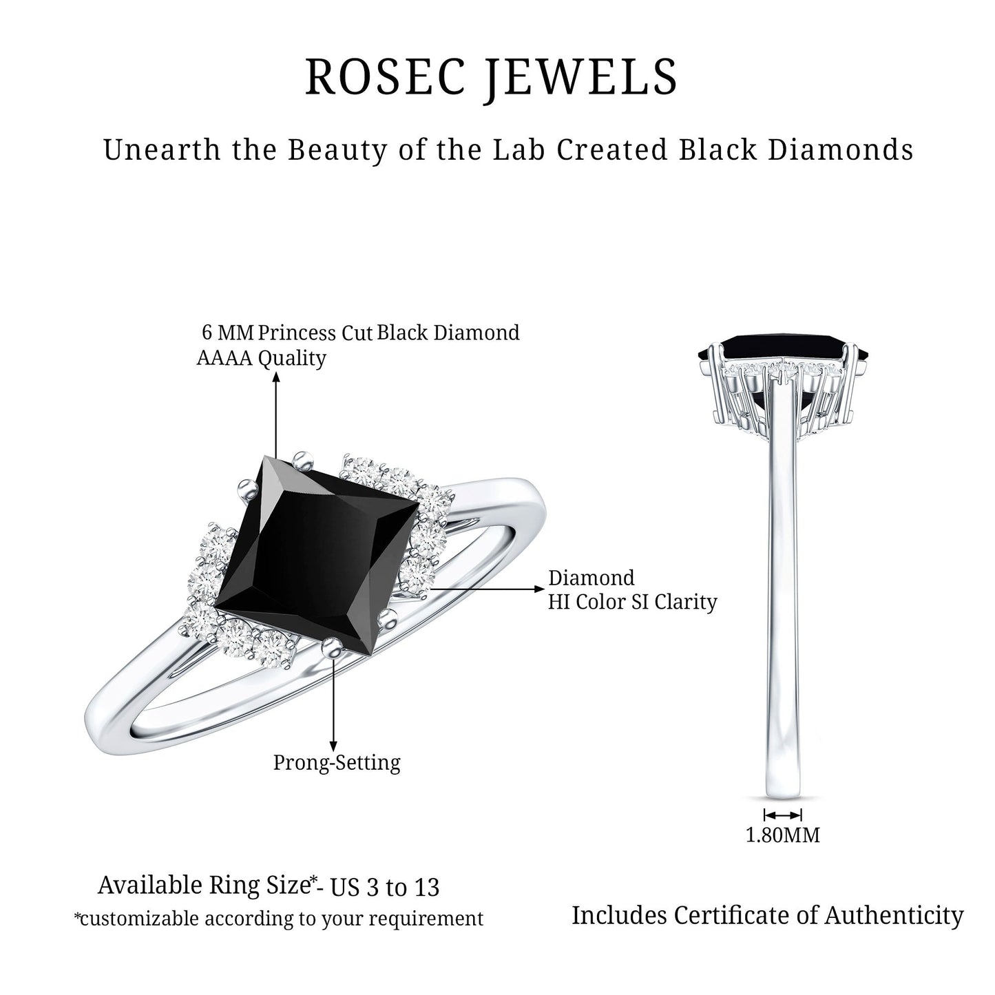 1 Carat Lab Grown Black and White Diamond Princess Cut Engagement Ring