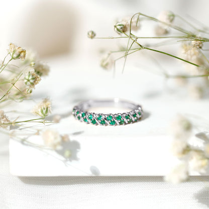 Unique Half Eternity Wedding Band with Round Emeralds