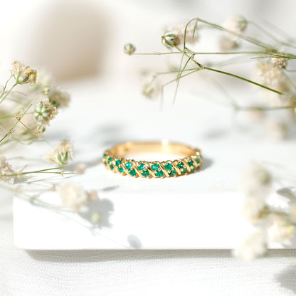 Unique Half Eternity Wedding Band with Round Emeralds