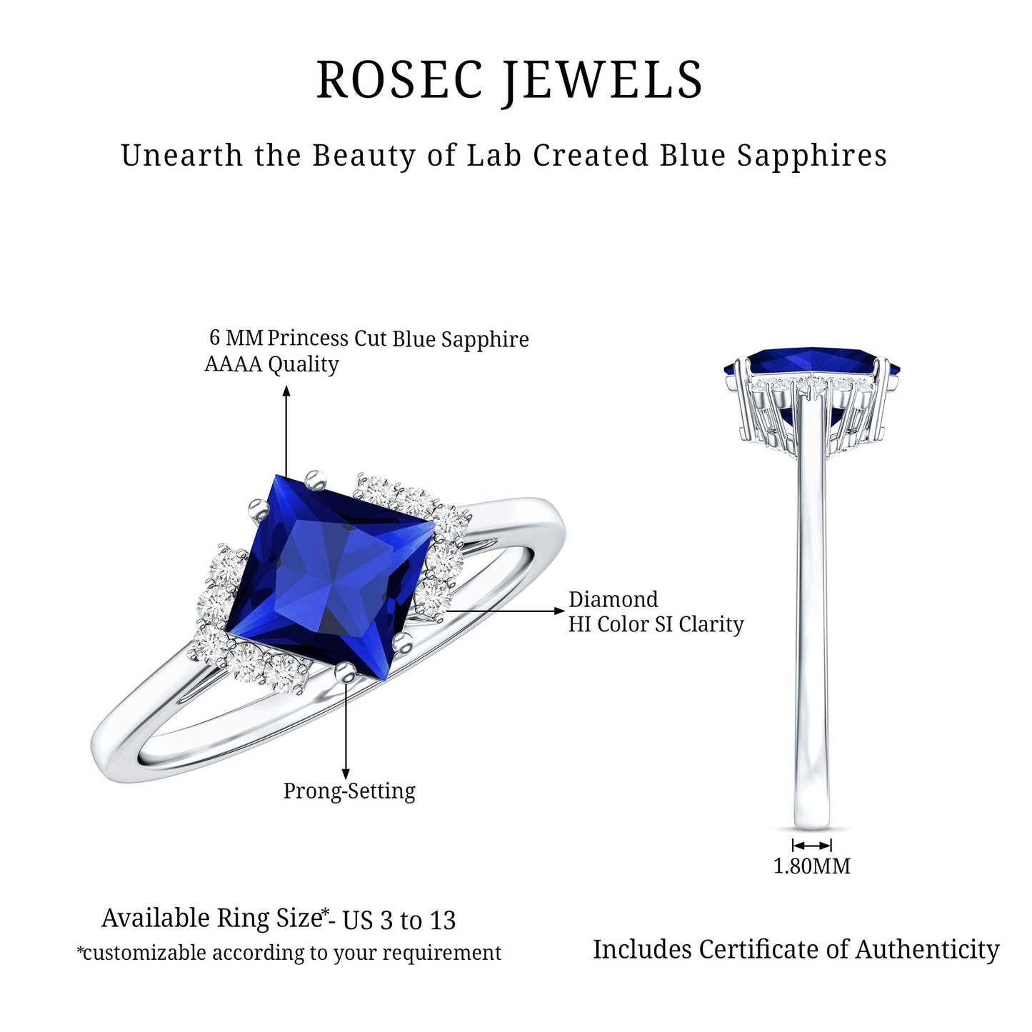 Certified 1.5 Carat Princess Cut Lab Grown Blue Sapphire Engagement Ring with Diamond