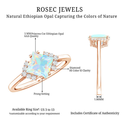 Natural Ethiopian Opal Princess Cut Engagement Ring with Diamond