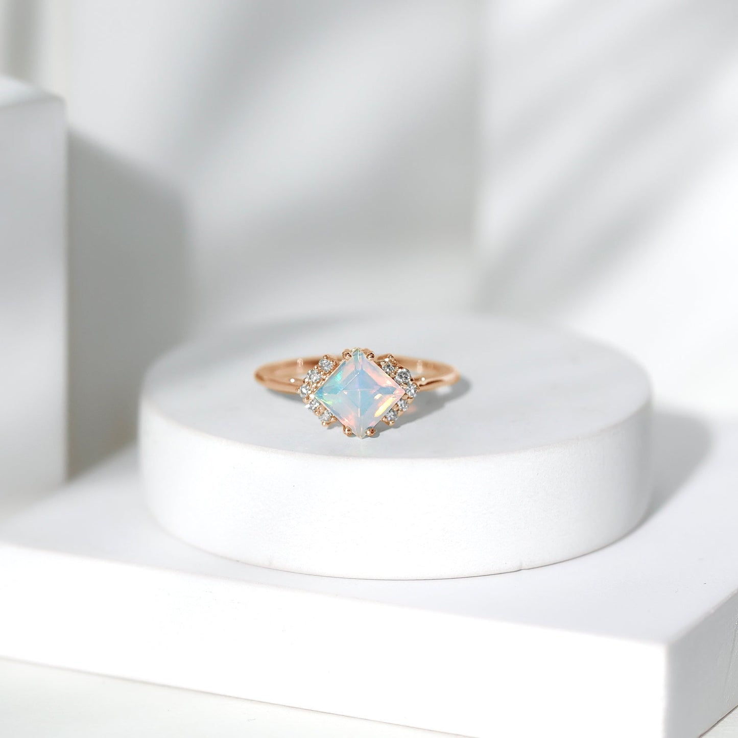 Natural Ethiopian Opal Princess Cut Engagement Ring with Diamond