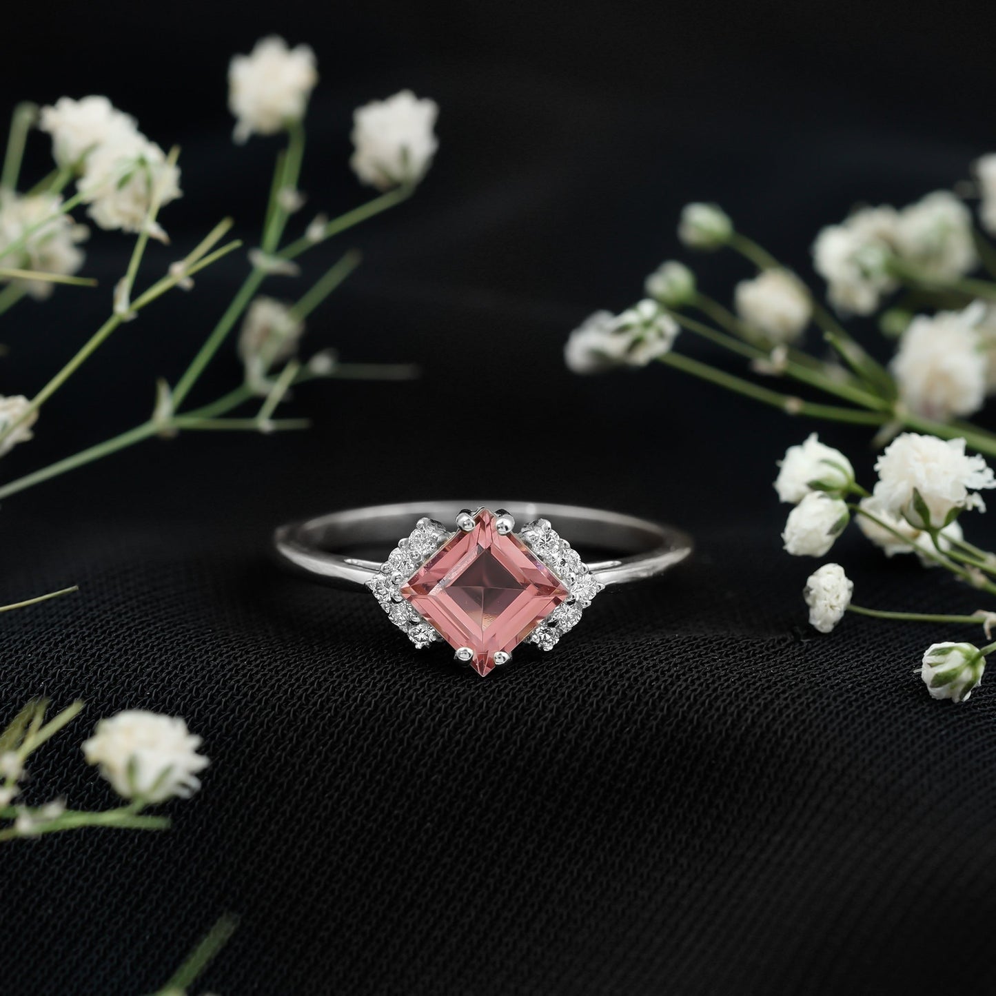 Princess Cut Pink Tourmaline Engagement Ring with Diamond Accent