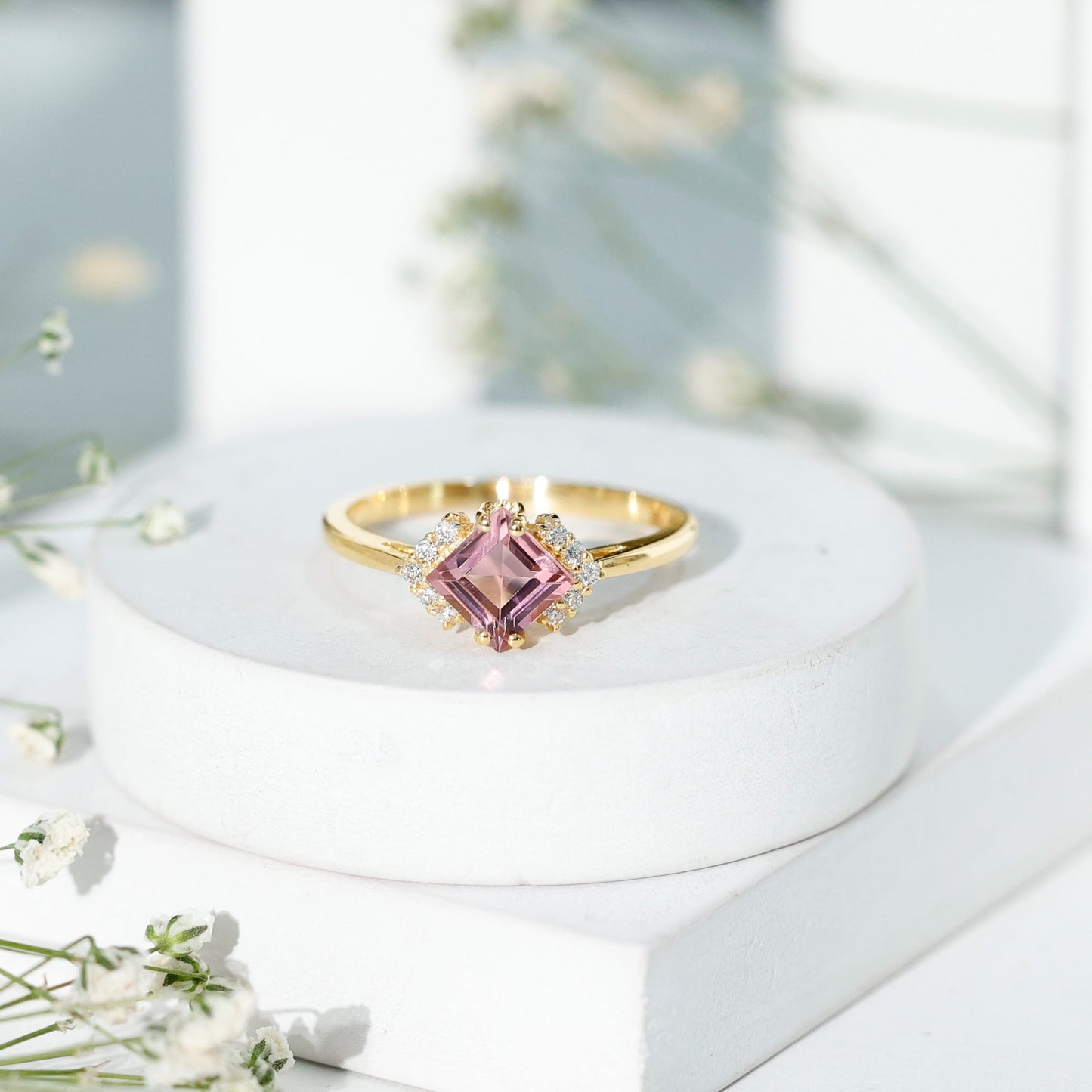 Princess Cut Pink Tourmaline Engagement Ring with Diamond Accent