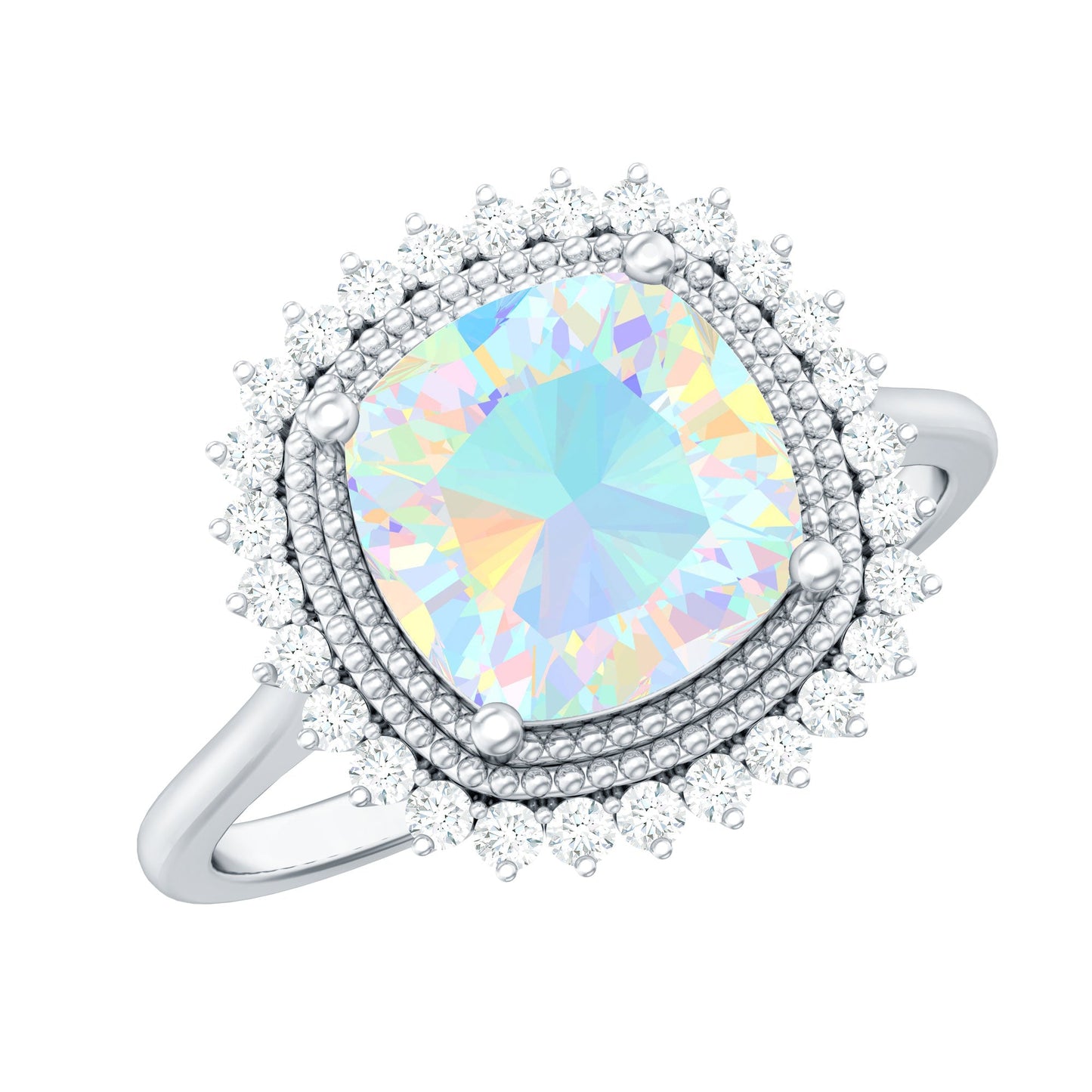 Natural 1.8 Carat Cushion Cut Opalescent Vintage Looking Engagement Ring with Diamond Halo
