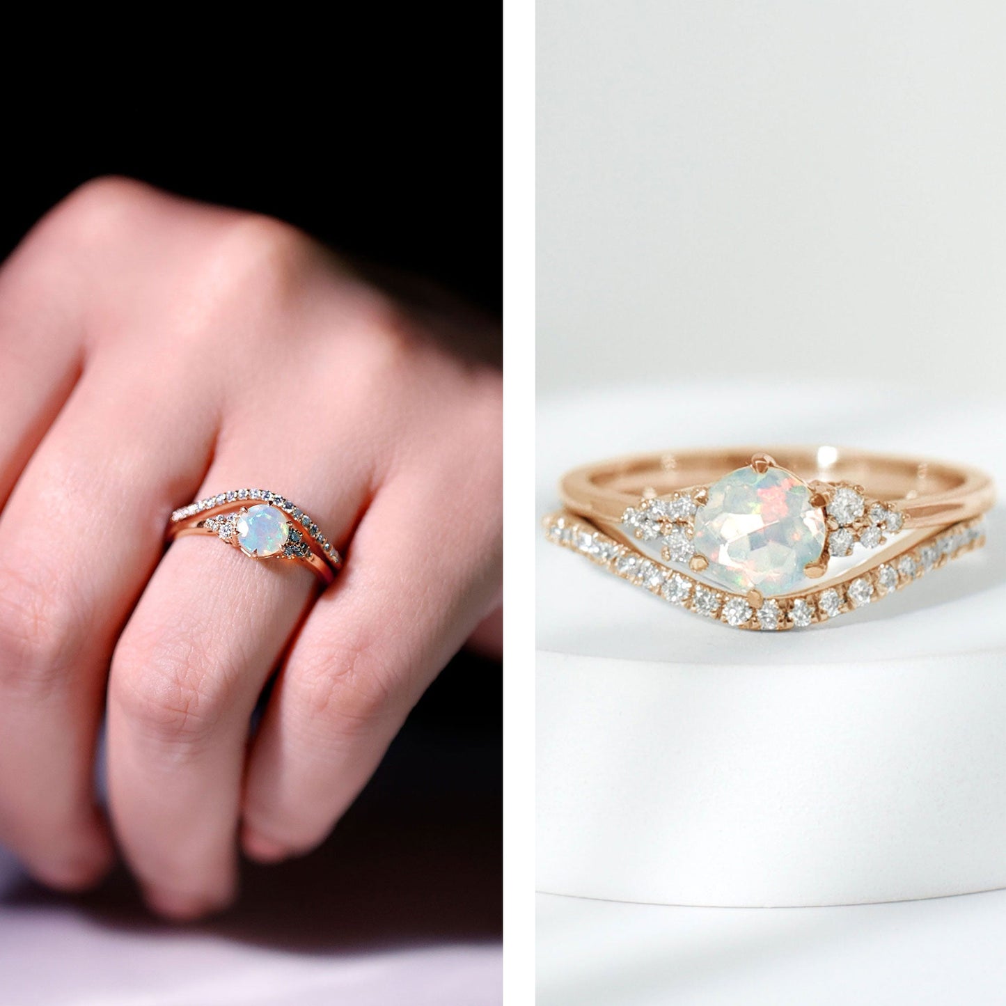 Natural 0.8 Carat Ethiopian Opal Diamond Wedding Bridal Ring Set of 2