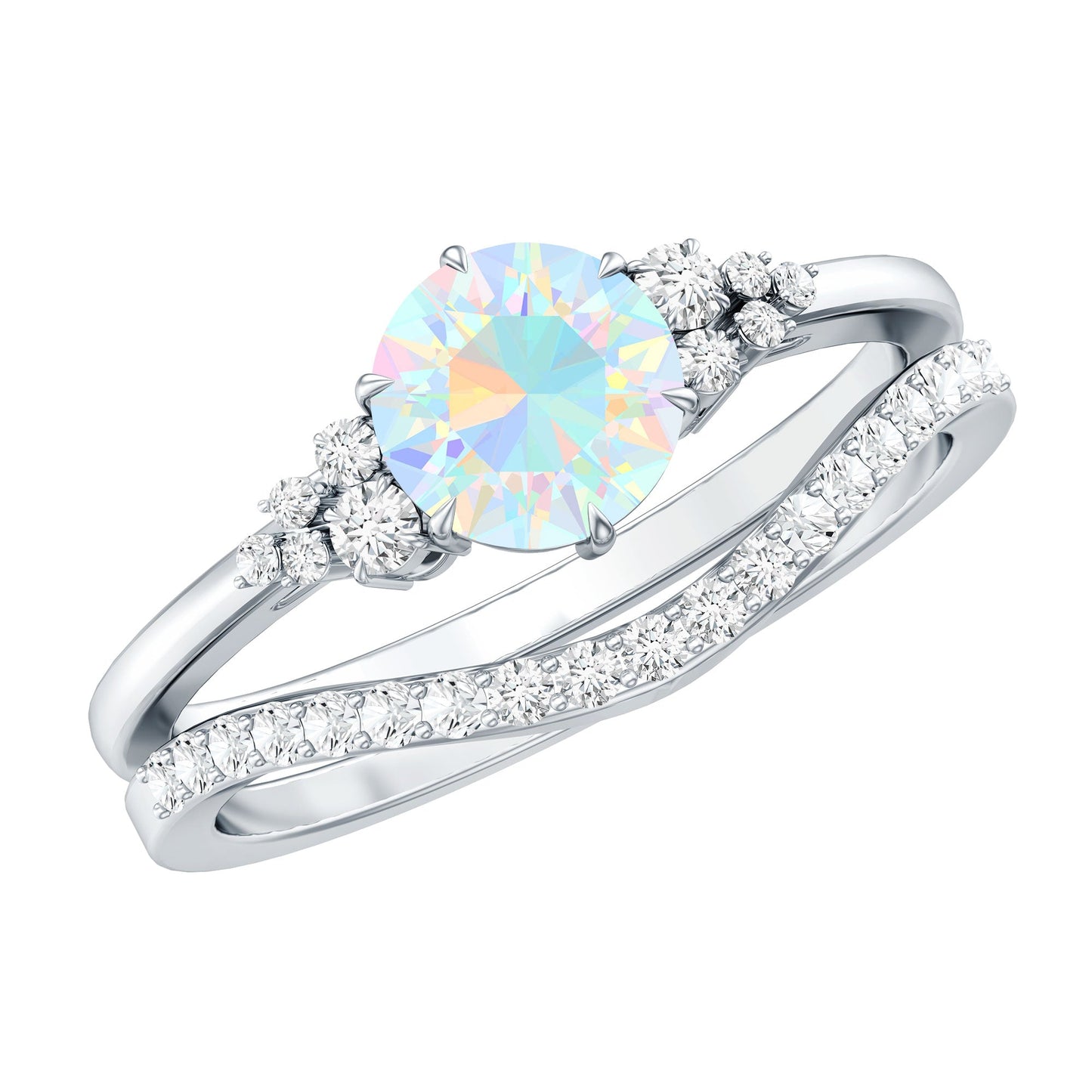 Natural 0.8 Carat Ethiopian Opal Diamond Wedding Bridal Ring Set of 2