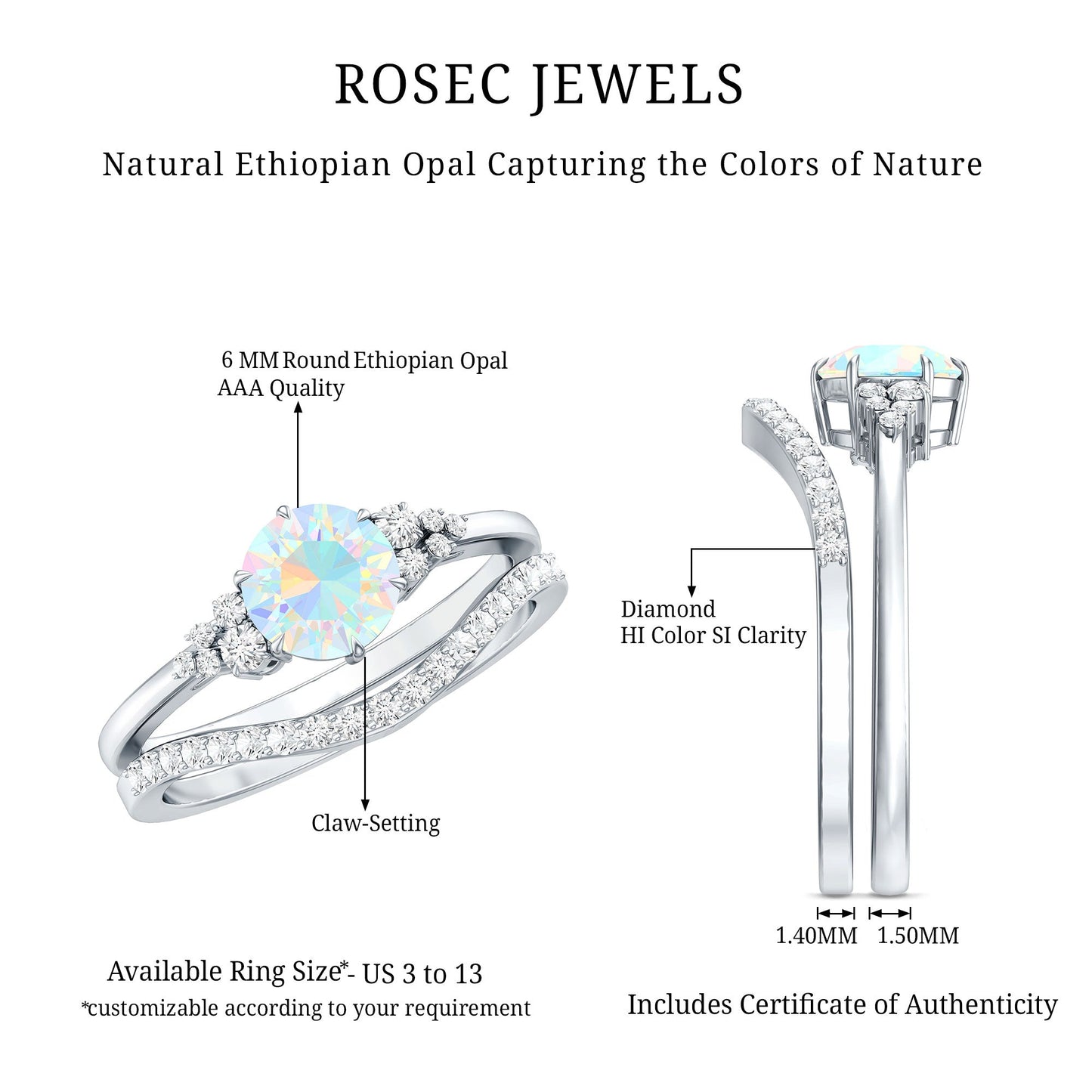 Natural 0.8 Carat Ethiopian Opal Diamond Wedding Bridal Ring Set of 2