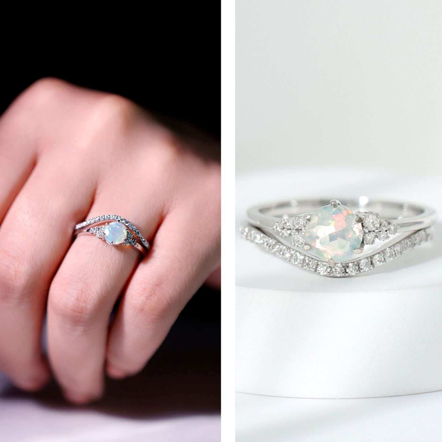 Natural 0.8 Carat Ethiopian Opal Diamond Wedding Bridal Ring Set of 2