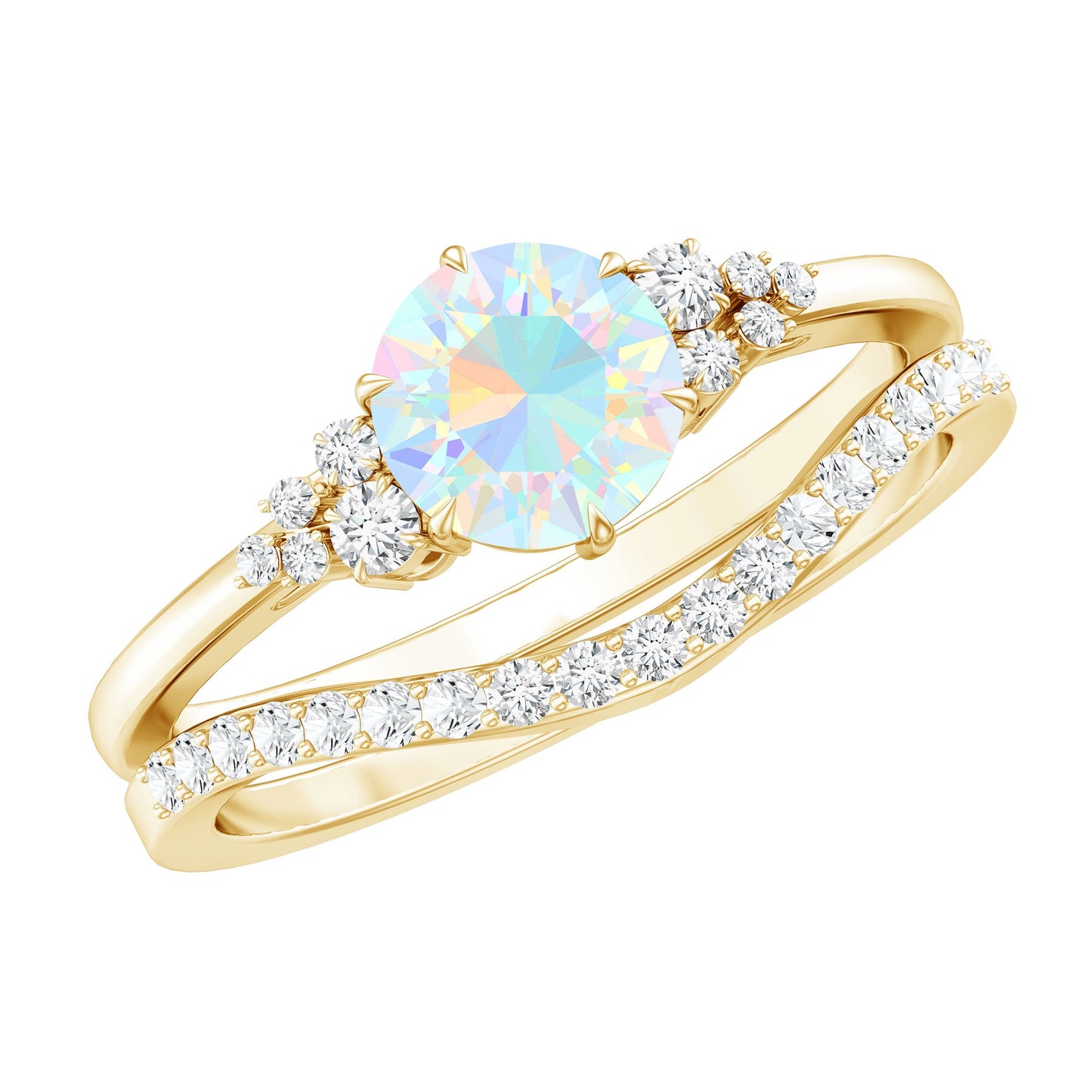 Natural 0.8 Carat Ethiopian Opal Diamond Wedding Bridal Ring Set of 2