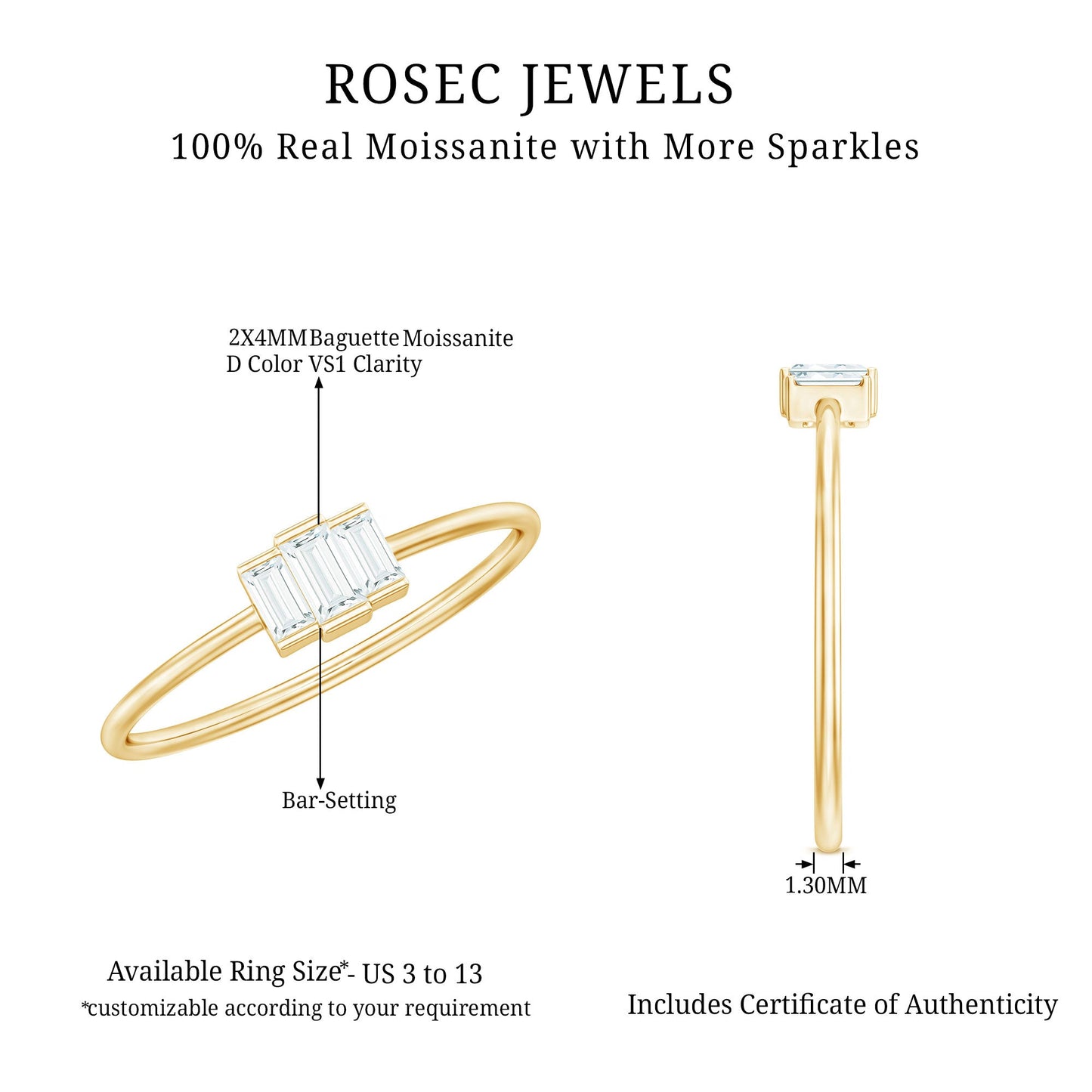 Minimalist Baguette Cut Moissanite 3 Stone Promise Ring