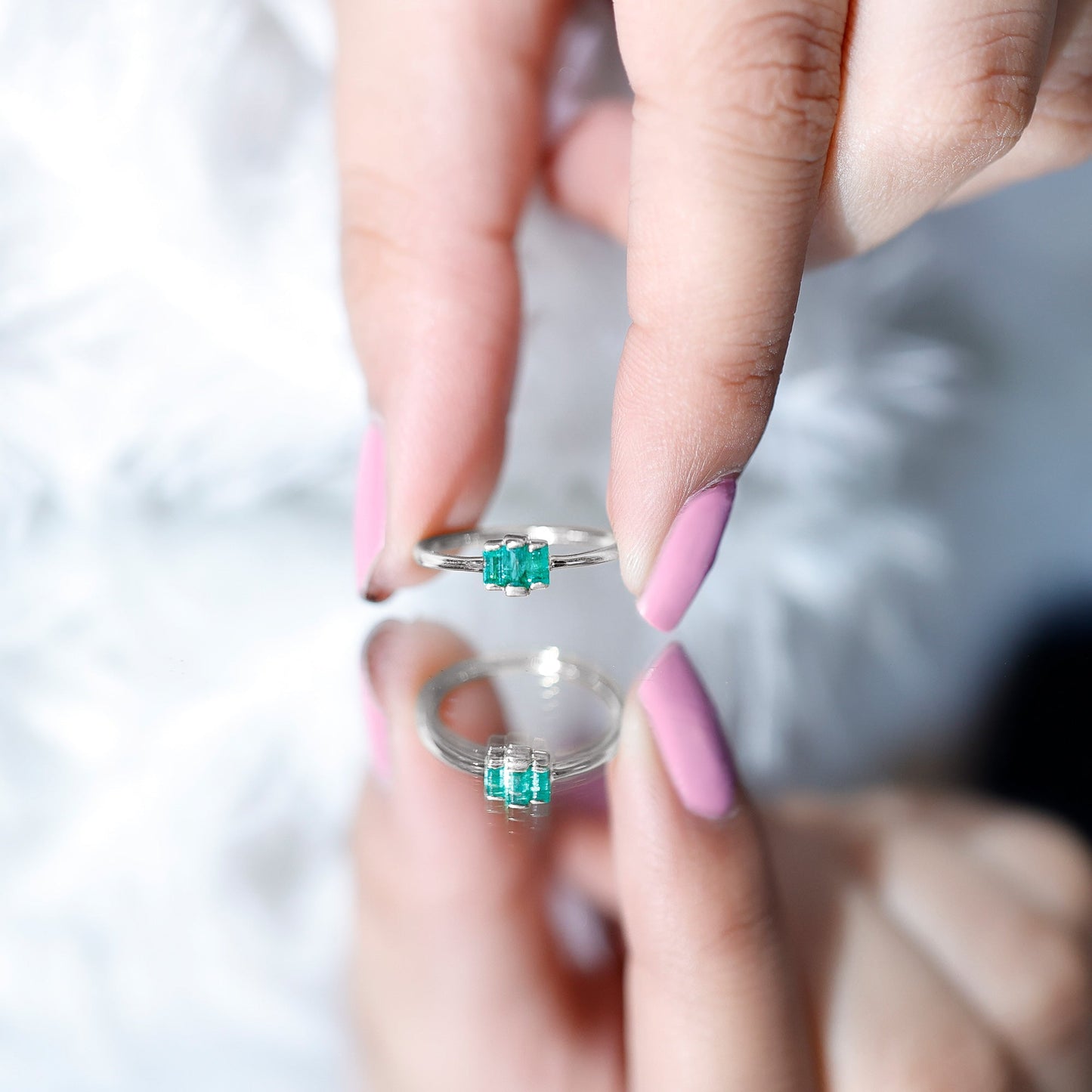 Baguette Cut Natural Emerald Three Stone Ring
