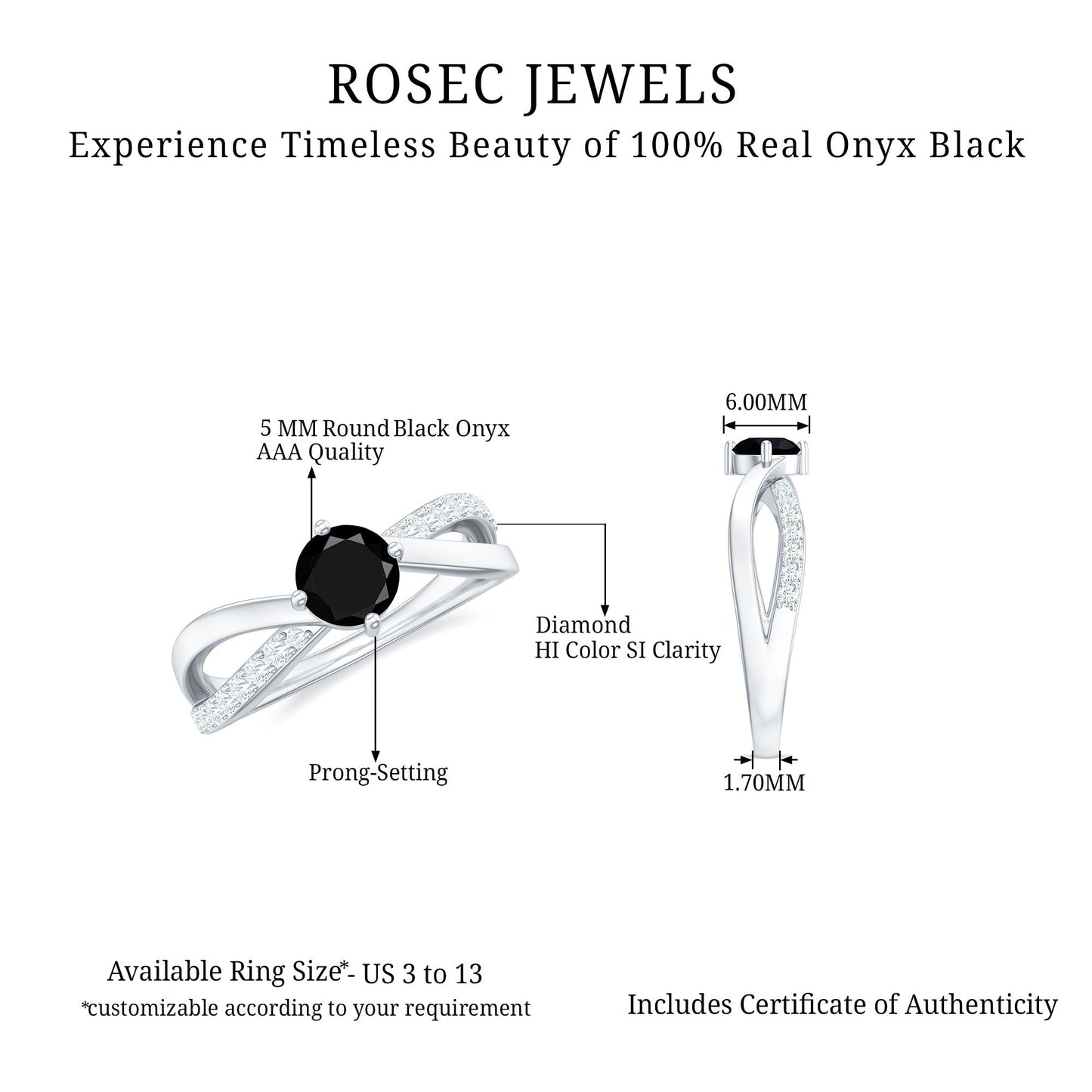 0.4 Carat Round Black Onyx Solitaire Infinity Ring with Diamond